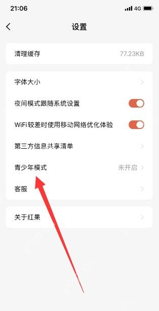 在设置列表中找到“青少年模式”,点击进入。