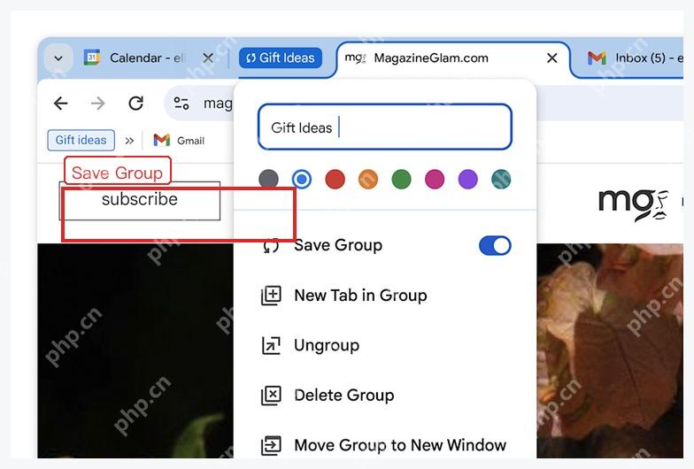 Chrome 标签页组菜单中的 Save Group 保存组选项