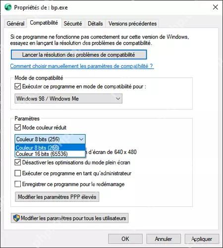 Windows 程序兼容性页展开减少的颜色模式下拉框
