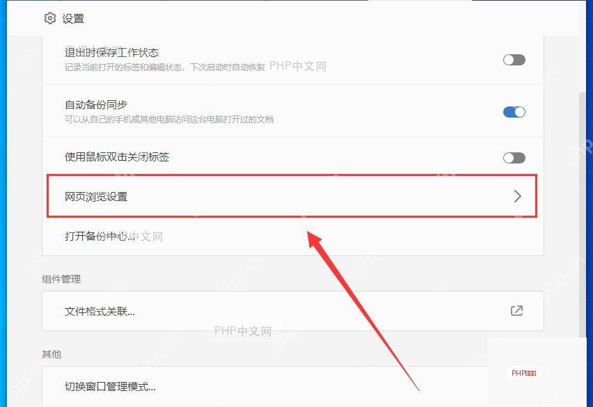 WPS 设置页中的网页浏览设置入口