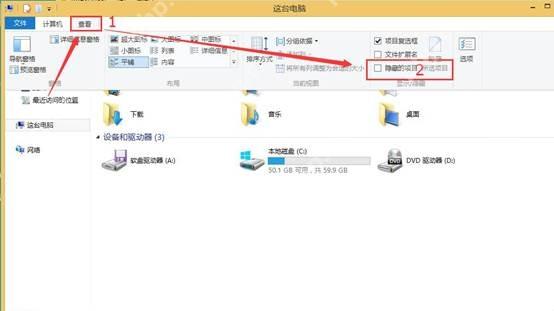 Win10 文件资源管理器查看选项卡中勾选隐藏的项目