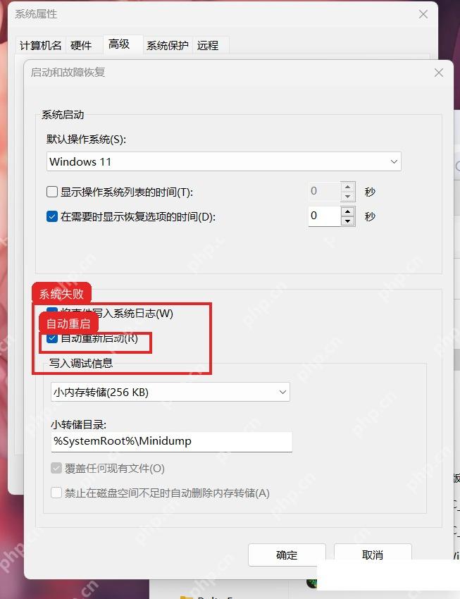 启动和故障恢复窗口中勾选自动重新启动