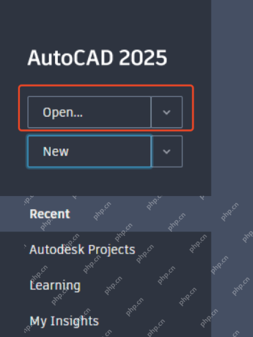 Windows AutoCAD Start Screen 的 Open 入口截图，证明 DWG 打不开时要先从程序开始页内部打开图纸。