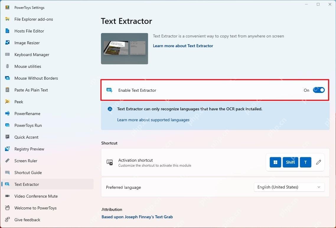 Win11 PowerToys Text Extractor 设置页显示快捷键 Win+Shift+T