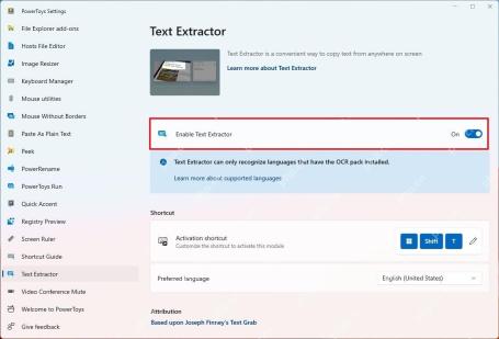 Win11 PowerToys Text Extractor 设置页显示快捷键 Win+Shift+T