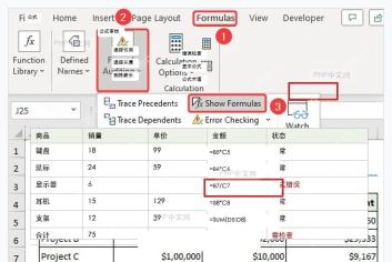 Excel 公式审核中启用显示公式后直接查看单元格里的公式文本