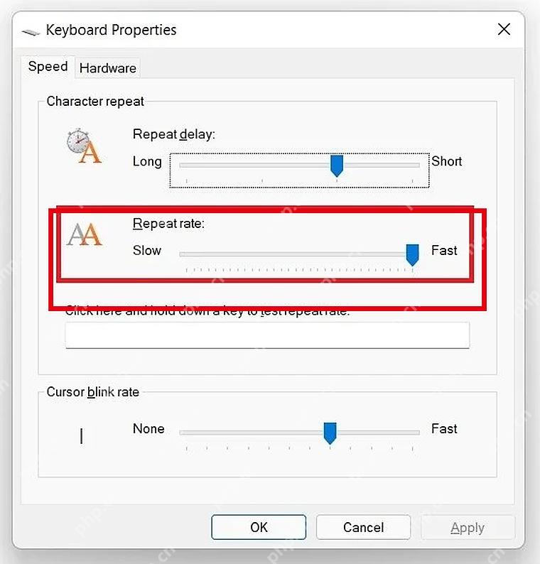 Win11 键盘属性页面重点调整重复速度滑块
