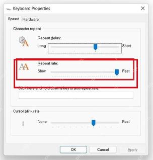 Win11 键盘属性页面重点调整重复速度滑块
