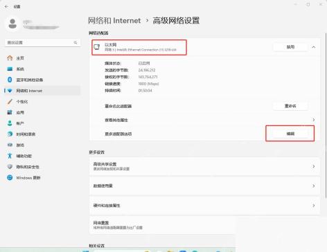 在高级网络设置中确认以太网已连接