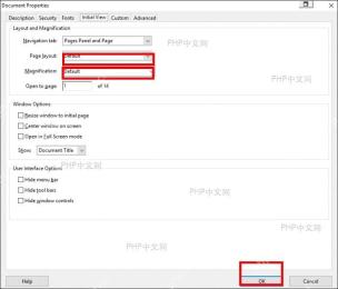 Adobe Acrobat 文档属性 Initial View 页面,Magnification 和确定按钮被标出,对应检查单个 PDF 是否覆盖默认缩放比例