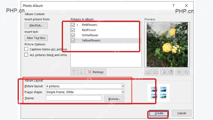 PowerPoint 相册窗口中图片列表图片版式和 Create 按钮服务于第二步导入多张图片