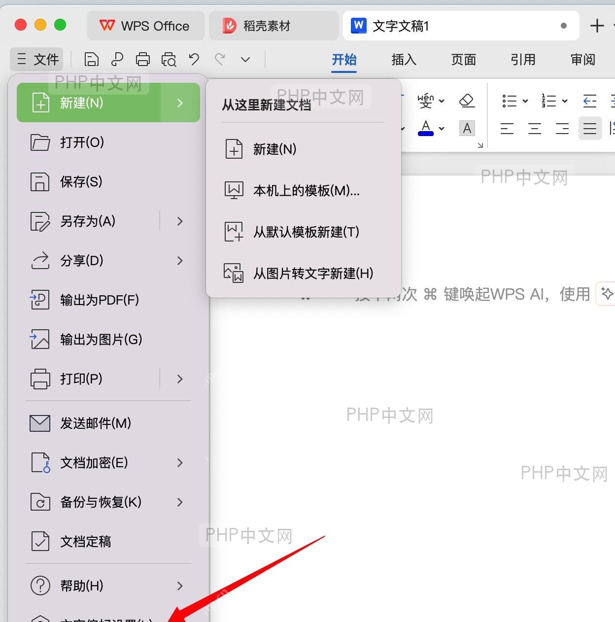 点击‘文件’菜单并选择‘文字/演示偏好设置’