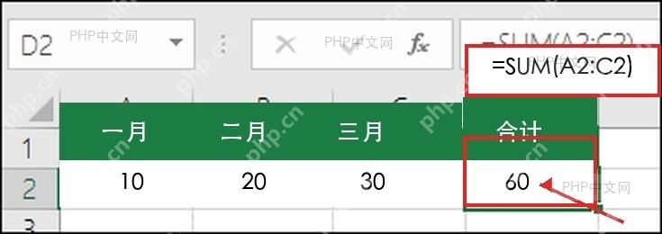 Excel 手动输入 SUM 函数公式用于第四步处理横向或指定范围求和