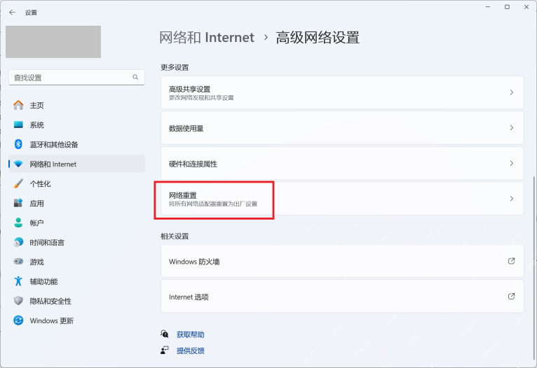 Windows 11 真实设置截图中的高级网络设置和网络重置入口