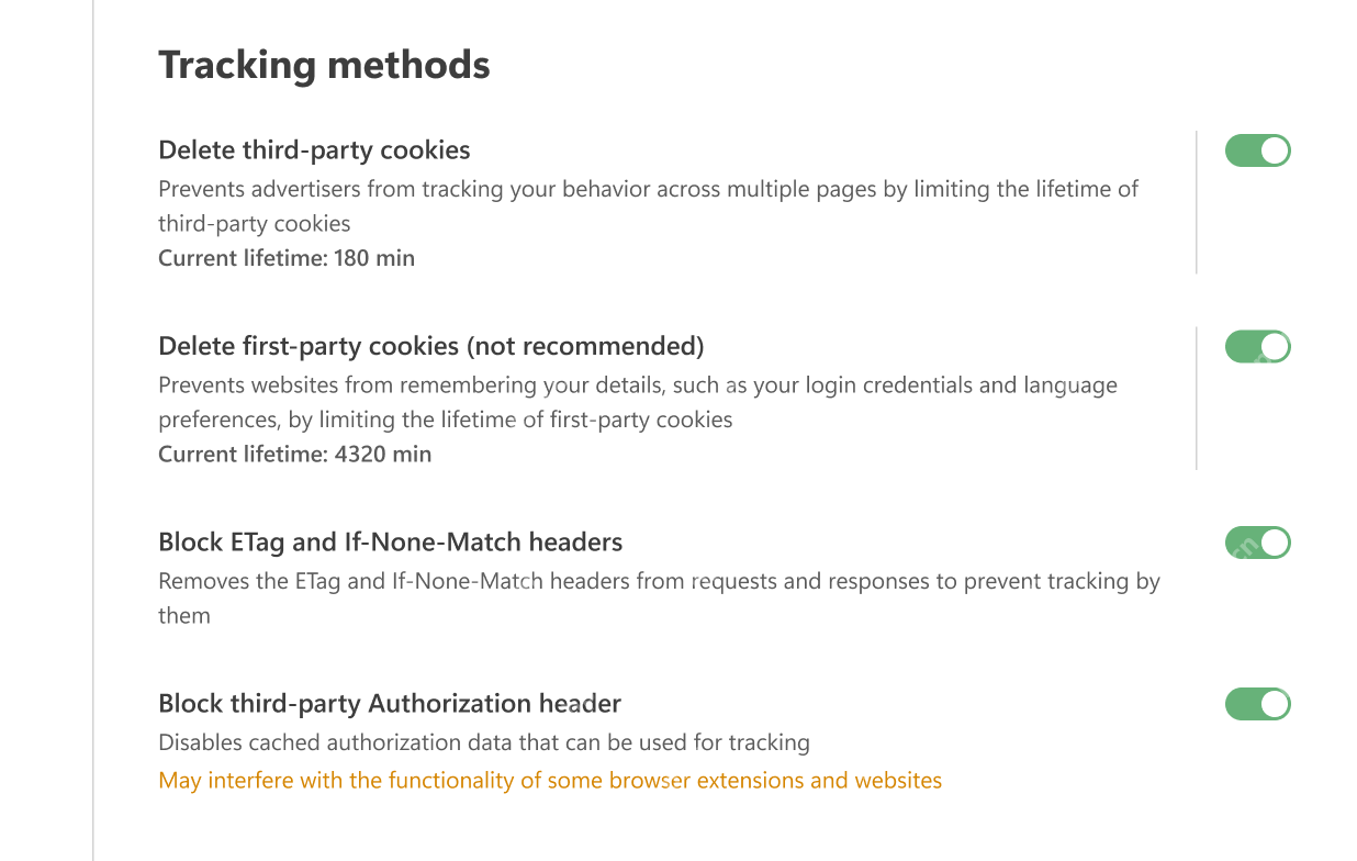 AdGuard Tracking methods 页面中的浏览器追踪方法选项