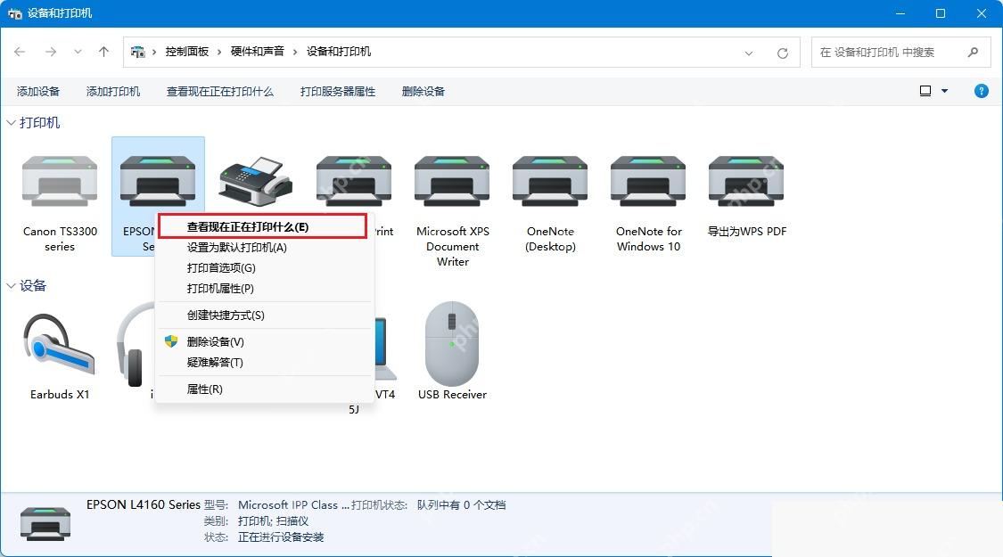 在设备和打印机中打开查看现在正在打印什么