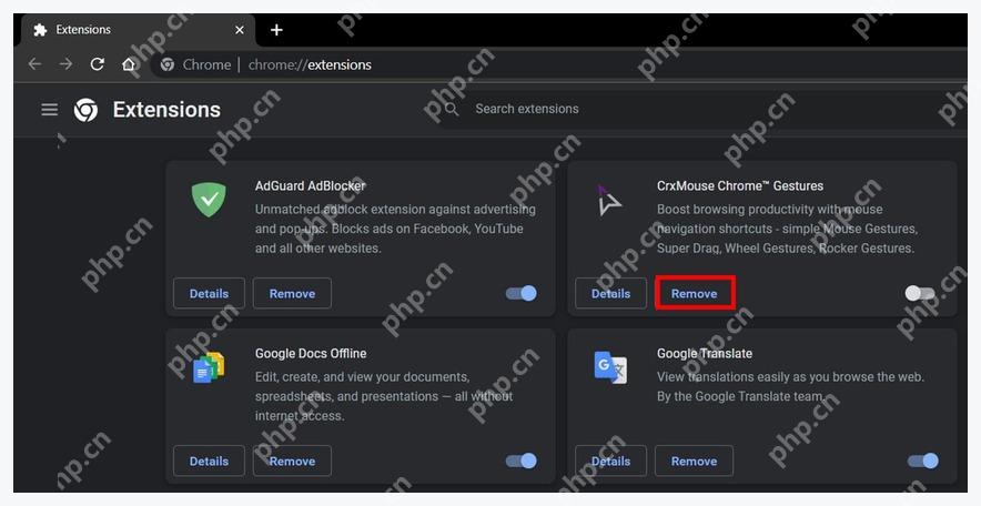 Chrome 扩展管理页面中 AdBlock 扩展的 Remove 删除按钮