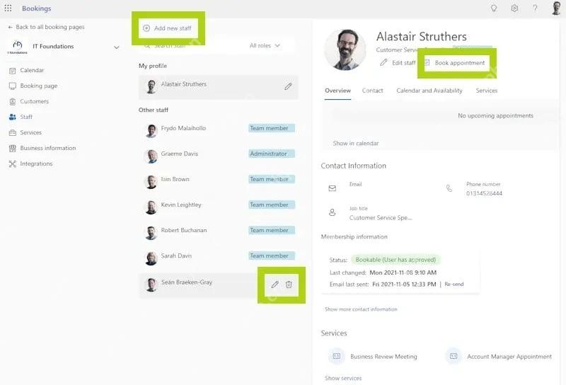 Microsoft Bookings中查看员工资料和客户预约信息