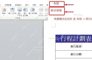 Word 表格工具布局选项卡中的拆分表格按钮