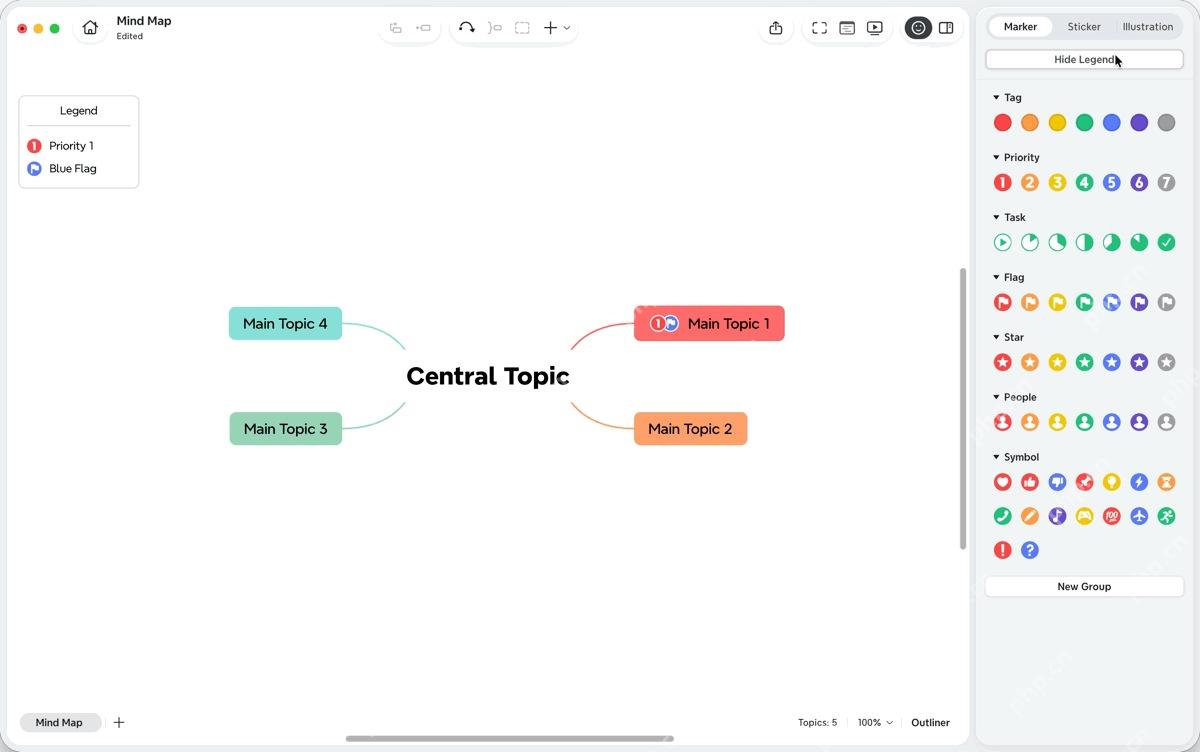 Xmind Pro 标记面板局部显示多组可替换标记。