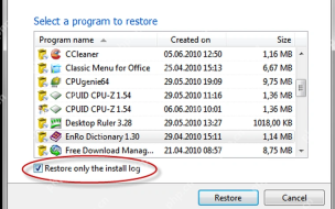 Total Uninstall Windows Restore program 窗口中的 Restore only the install log。
