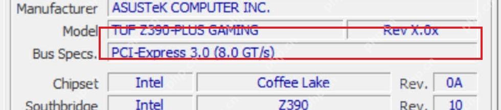 CPU-Z Windows Mainboard 页高亮 Bus Specs 字段用于核对主板 PCIe 规格版本