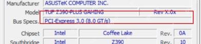 CPU-Z Windows Mainboard 页高亮 Bus Specs 字段用于核对主板 PCIe 规格版本