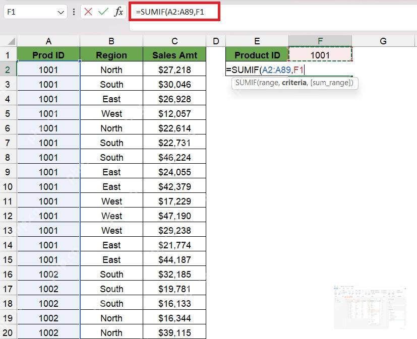 Excel SUMIF 公式点选条件单元格 F1