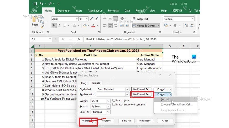 Excel 查找和替换窗口点击全部替换完成字体颜色替换