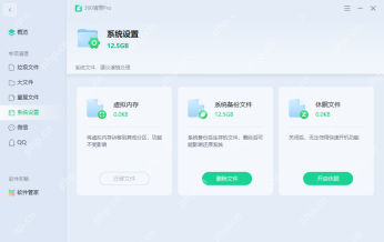 360清理Pro系统设置页已经列出系统备份文件、休眠文件和虚拟内存等项目。