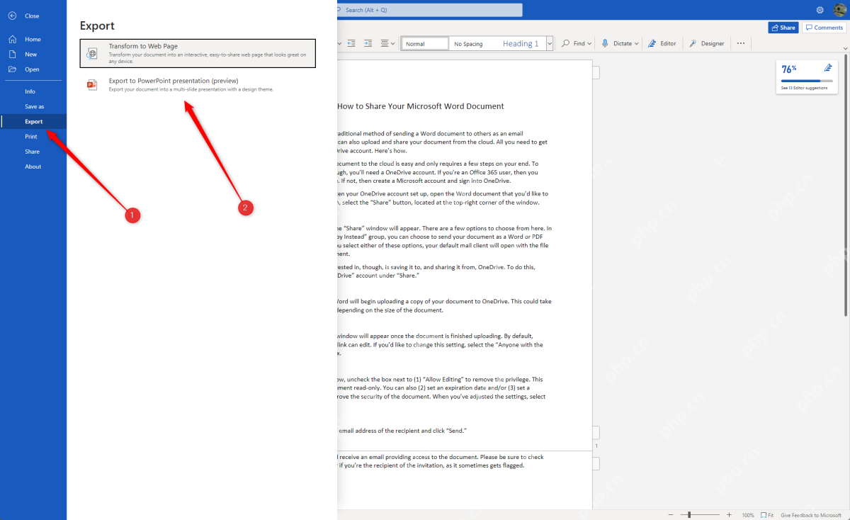 Word 网页版 Export 菜单中的 Export to PowerPoint presentation 入口
