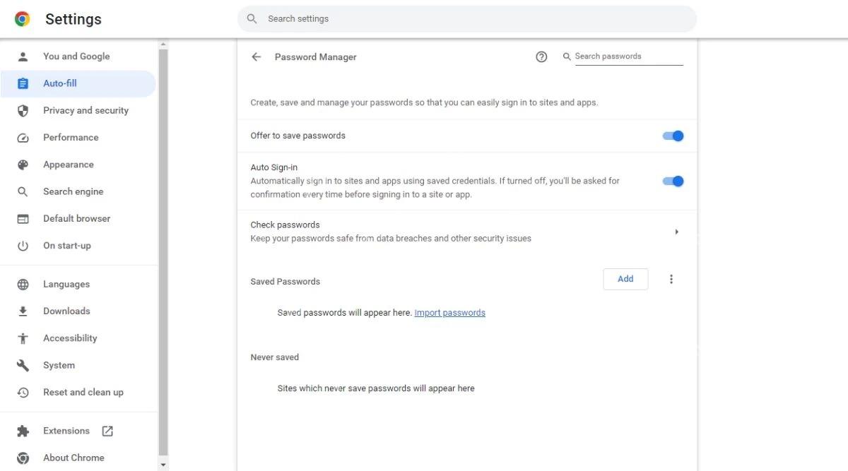 Chrome 密码管理器设置页面