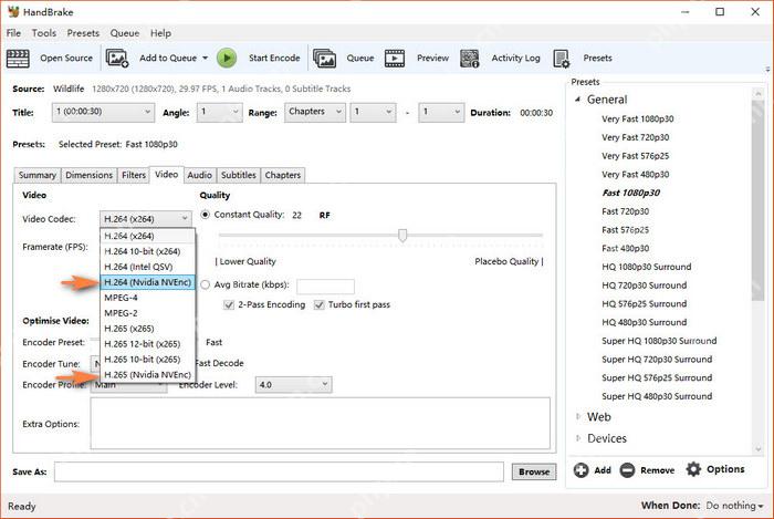HandBrake Windows 桌面端界面,展示视频设置与本步骤涉及的控件