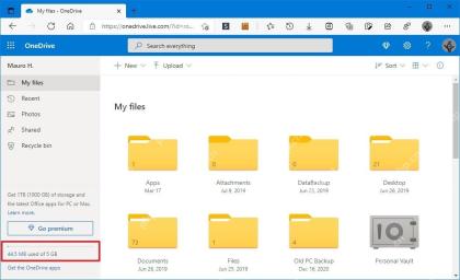 OneDrive网页版左下角显示44.5 MB used of 5 GB用于确认云端容量是否已满
