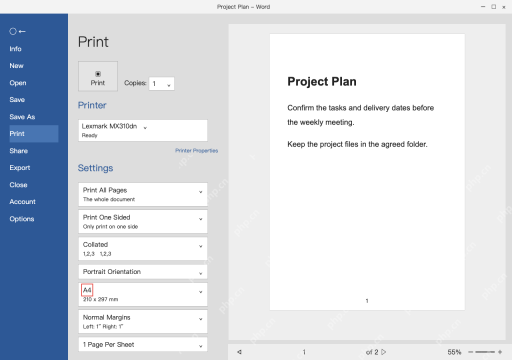 模拟 Microsoft Word：检查纸型、方向和页边距