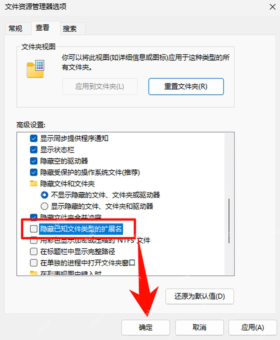 Windows 11 文件夹选项查看页中的隐藏已知文件类型扩展名