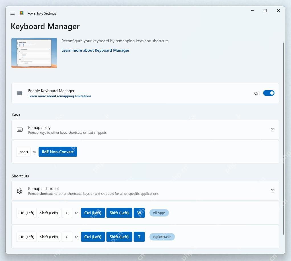 Win11 PowerToys Keyboard Manager 页面显示 Remap a key 入口