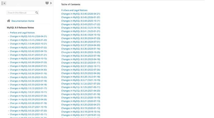 MySQL 8.0文档提示8.0.46后进入EOL的官方更新页面截图,证明版本或功能变化