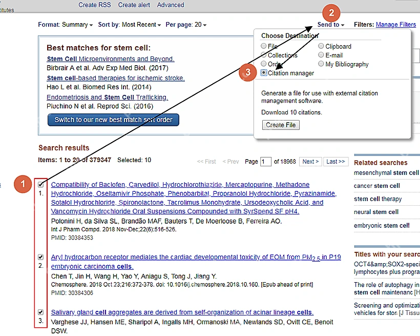 PubMed 检索结果中勾选记录并通过 Send to 选择 Citation manager