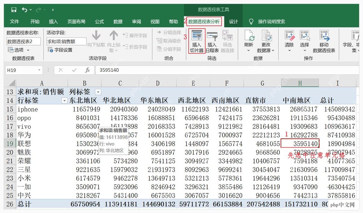 Excel数据透视表分析选项卡中插入切片器入口