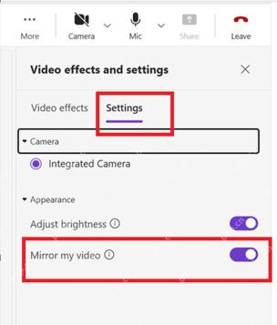 Microsoft Teams 视频设置中的 Mirror my video 镜像开关