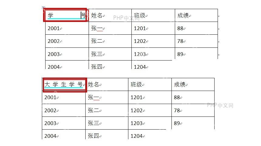 Word 表格中文字从一行变成自动换行后的效果对比图