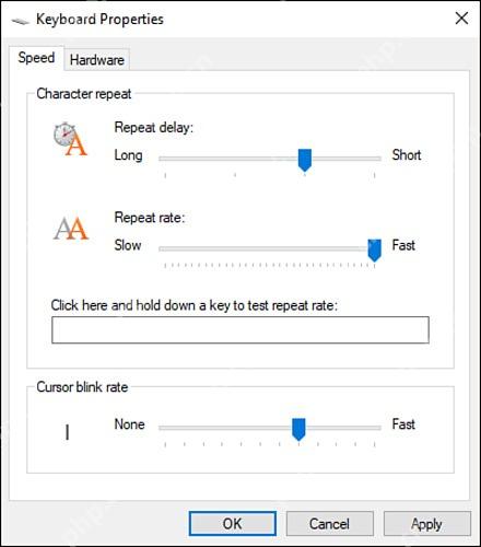 Win10 键盘属性速度页中的重复延迟和重复速度