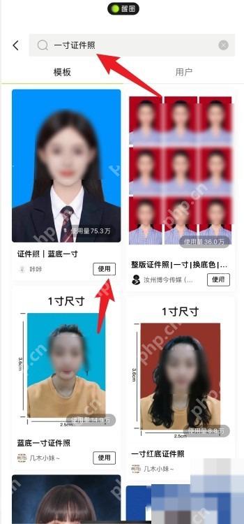 醒图 App 一寸证件照模板搜索结果和使用按钮