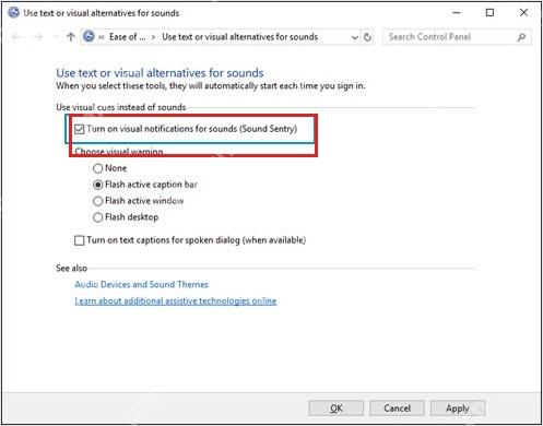 Win10 控制面板打开声音视觉通知复选框