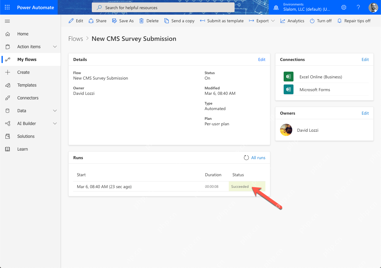 Power Automate Excel Online 新增表格行动作,左侧为 Forms 字段映射