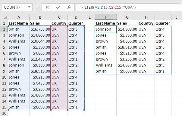 Excel 动态数组中 FILTER 根据国家条件自动溢出显示多行结果