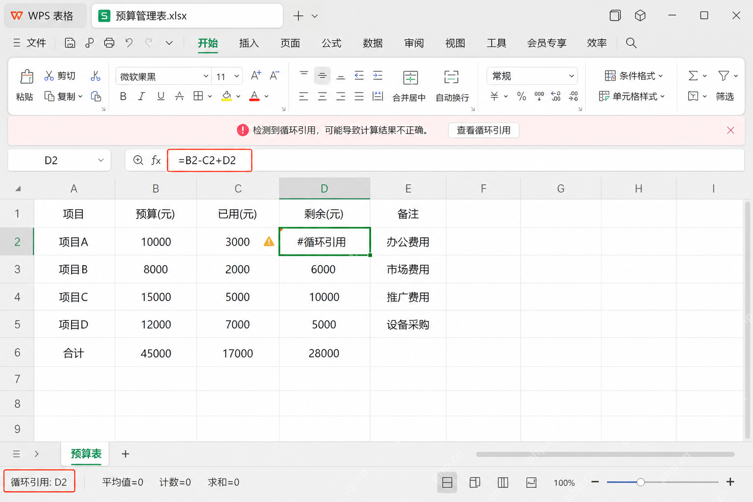 WPS 表格中公式引用自身后弹出循环引用提示
