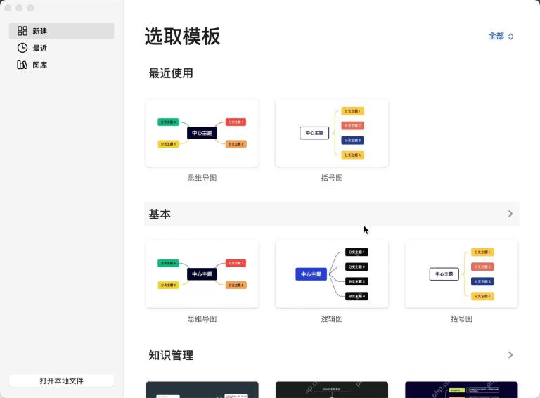 Xmind Pro 中文模板选择页显示多种模板卡片。