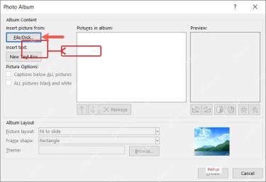 PowerPoint 相册窗口中通过文件磁盘导入多张图片